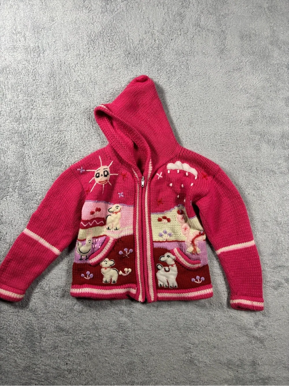 Pink Hooded Knit Zip-Front Sweater with Playful Animal Appliqués